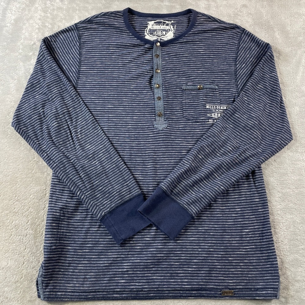 Buckle Black Henley Shirt 48 Mens Large Blue Striped Long Sleeve Casual Preppy
